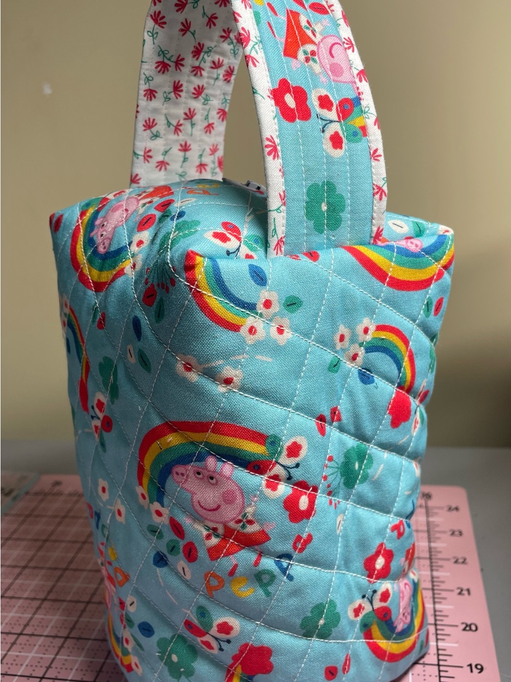 Handcrafted Quilted 🌈 Peppa Pig Diaper/Wipe Tote Bag - Aqua Blue, Pink, Red